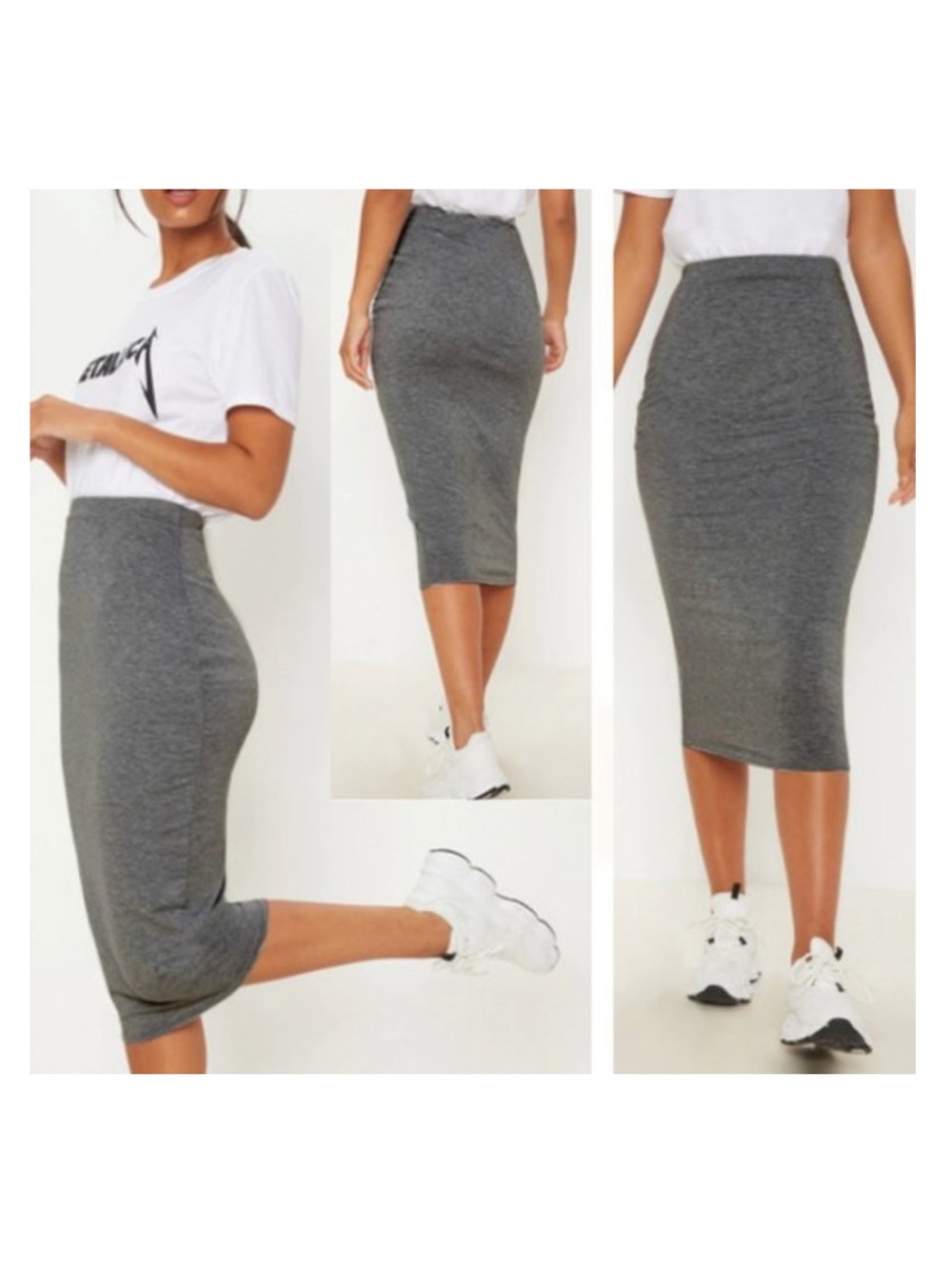 Leith Charcoal Gray High-Waist Midi Pencil Skirt